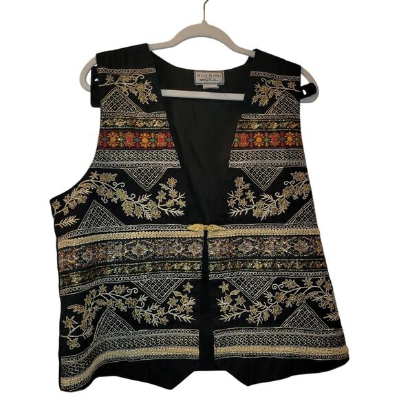 Vintage Womens Elegant Floral Embroidered Black/Brown Vest Boho Cottagecore L - Picture 1 of 8